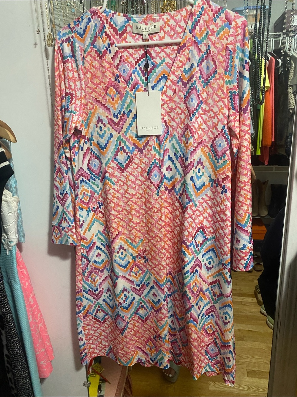 Hale Bob Pink Multi Ikat Print Long Sleeve V-Neck Dress with pockets NWT